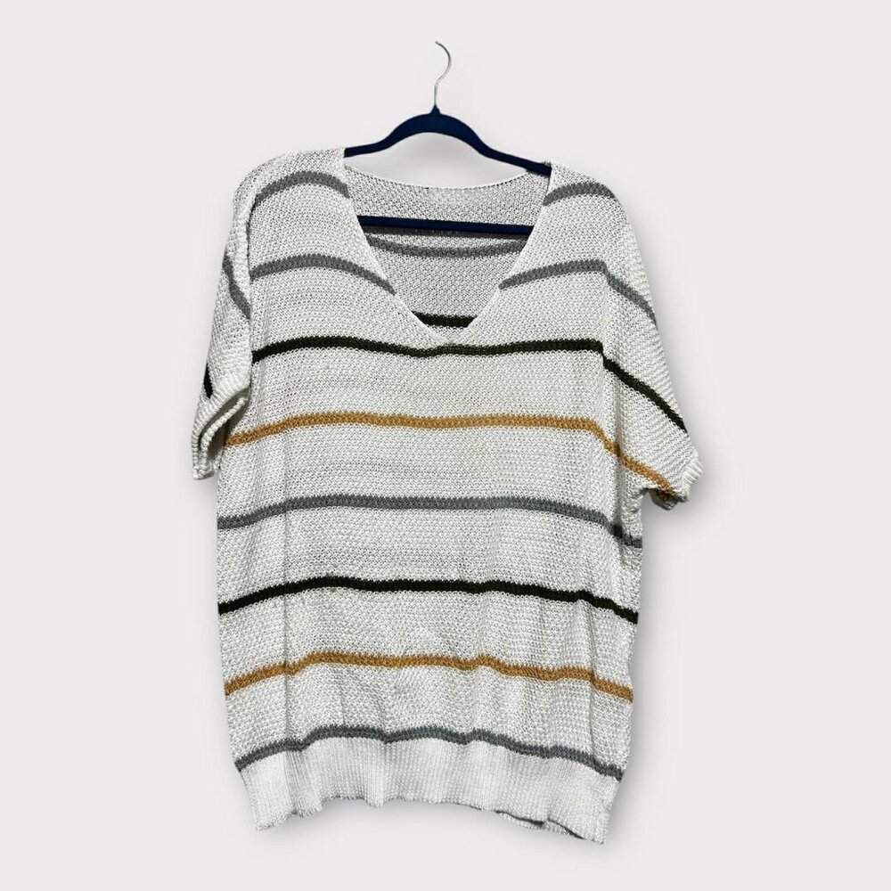 Striped Knit Tunic Sweater Top | Plus Size 1X | Cozy Casual V-Neck